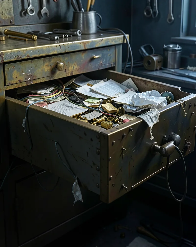 An old metal workshop drawer pulled open and overstuffed with crumpled papers, tangled wires, and brass parts spilling over the edges.